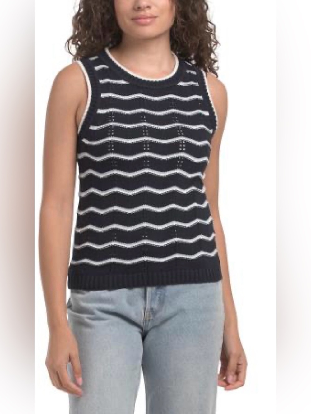 Elie Tahari Sleeveless Sweater Navy W/White & Lt Blue Pointelle pattern. Sm NWT